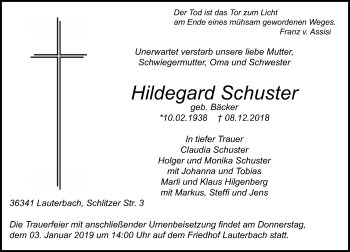 Traueranzeige von Hildegard Schuster von VRM Trauer