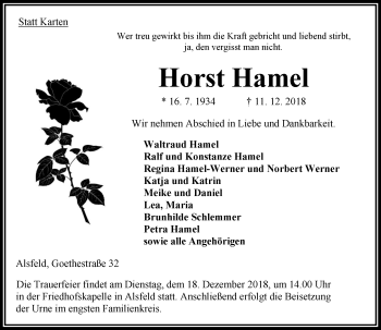 Traueranzeige von Horst Hamel von VRM Trauer