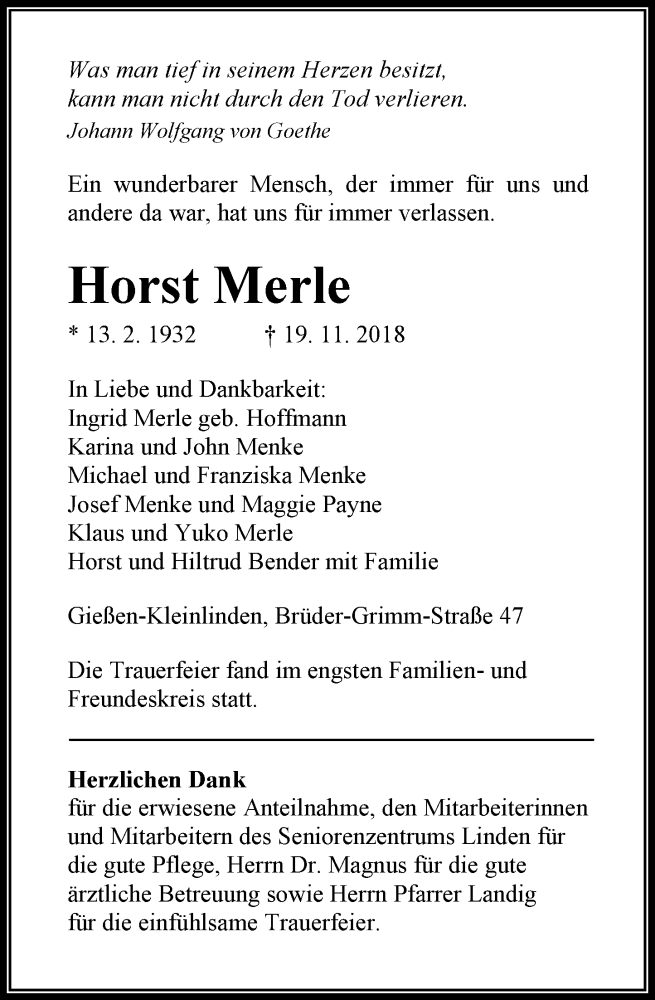  Traueranzeige für Horst Merle vom 12.12.2018 aus 560 Gießener Anzeiger