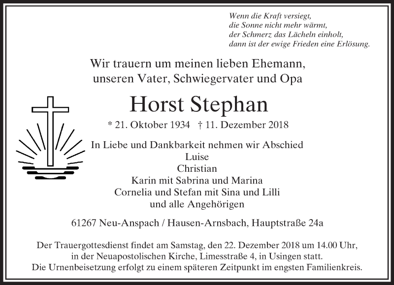  Traueranzeige für Horst Stephan vom 18.12.2018 aus 564 Usinger Anzeiger