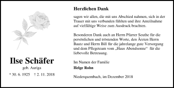 Traueranzeige von Ilse Schäfer von 201 WNZ - Wetzlarer Neue Zeitung (110)