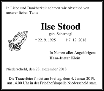 Traueranzeige von Ilse Stood von 202 Dill Block (120)