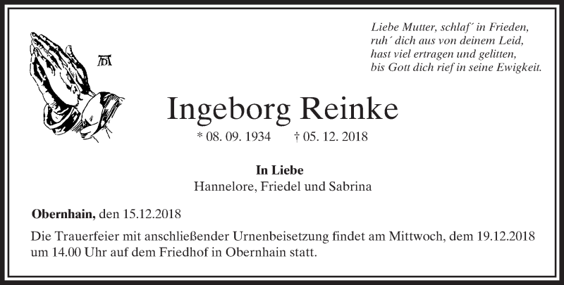 Traueranzeige für Ingeborg Reinke vom 15.12.2018 aus 564 Usinger Anzeiger