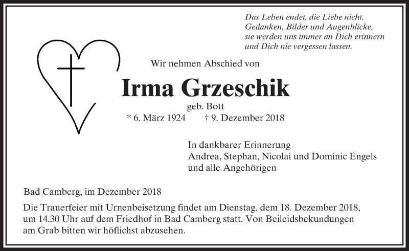  Traueranzeige für Irma Grzeschik vom 13.12.2018 aus 582 Camberger Anzeiger
