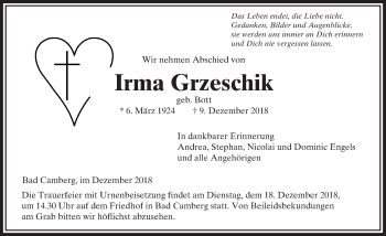 Traueranzeige von Irma Grzeschik von 582 Camberger Anzeiger
