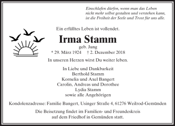 Traueranzeige von Irma Stamm von 564 Usinger Anzeiger