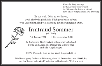 Traueranzeige von Irmtraud Sommer von 564 Usinger Anzeiger