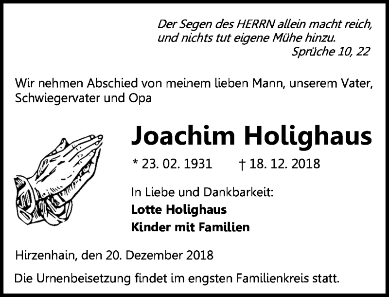  Traueranzeige für Joachim Holighaus vom 20.12.2018 aus 202 Dill Block (120)