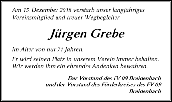 Traueranzeige von Jürgen Grebe von 205 HA - Hinterländer Anzeiger (130)