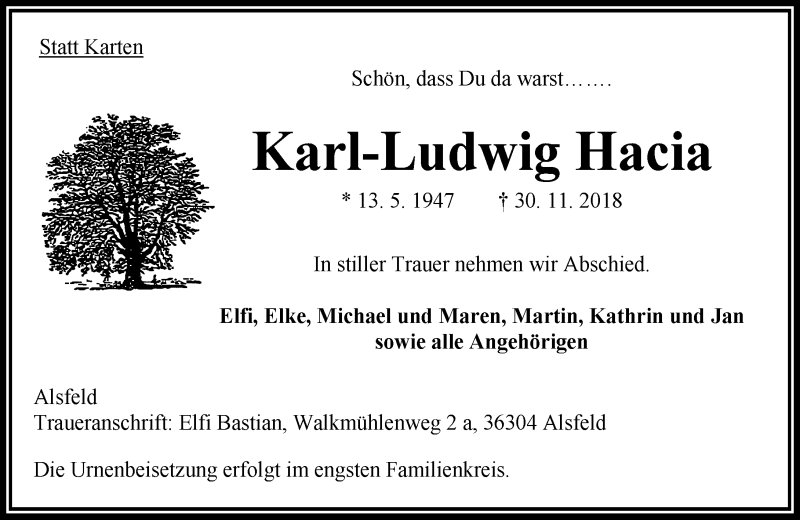  Traueranzeige für Karl-Ludwig Hacia vom 08.12.2018 aus VRM Trauer