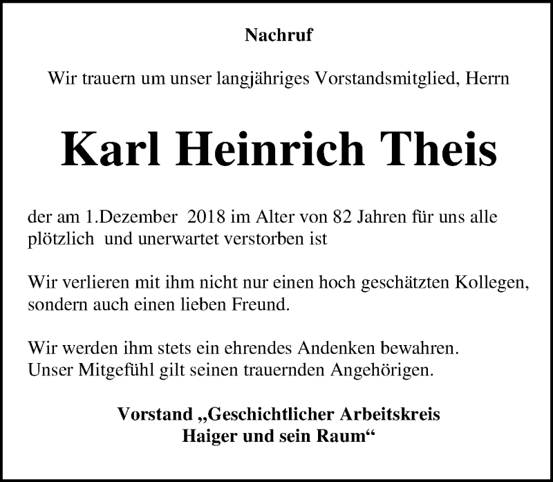  Traueranzeige für Karl Heinrich Theis vom 15.12.2018 aus 202 Dill Block (120)