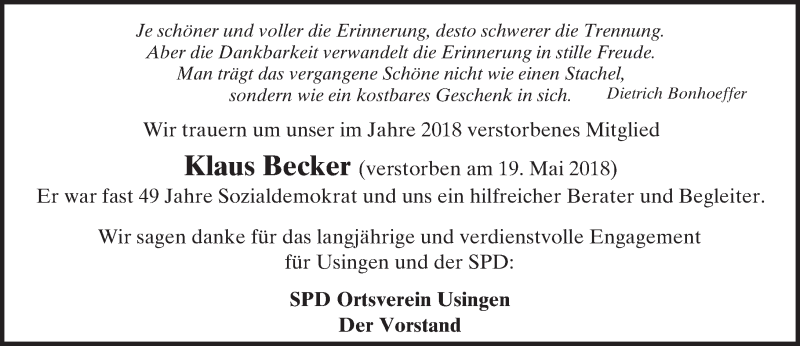  Traueranzeige für Klaus Becker vom 31.12.2018 aus 564 Usinger Anzeiger