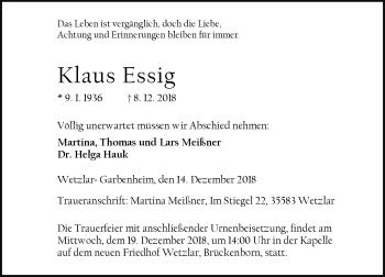 Traueranzeige von Klaus Essig von 201 WNZ - Wetzlarer Neue Zeitung (110)