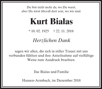 Traueranzeige von Kurt Bialas von 564 Usinger Anzeiger