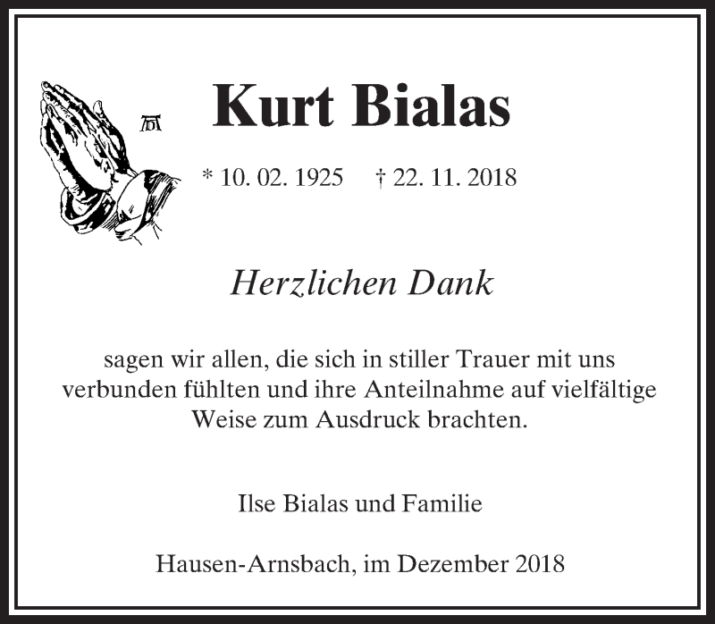  Traueranzeige für Kurt Bialas vom 22.12.2018 aus 564 Usinger Anzeiger