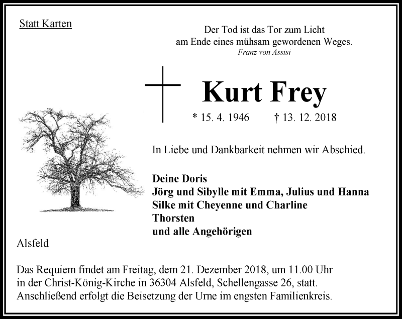  Traueranzeige für Kurt Frey vom 18.12.2018 aus VRM Trauer