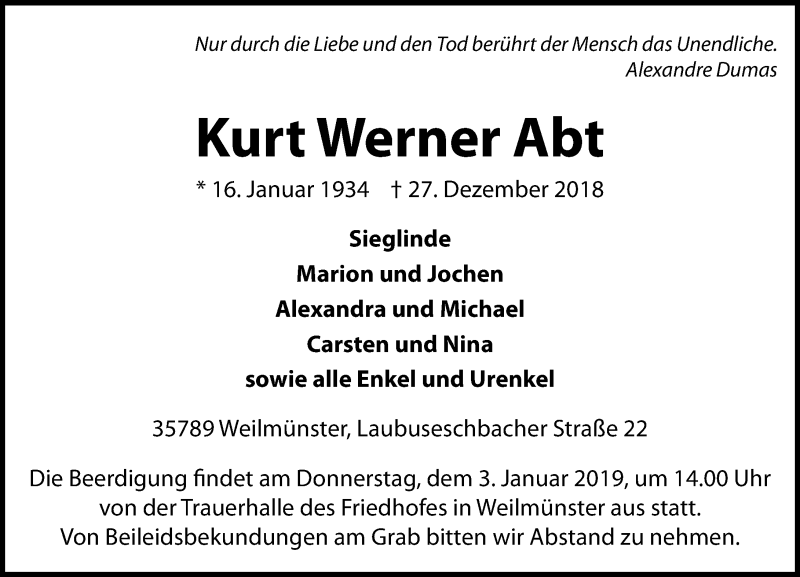  Traueranzeige für Kurt Werner Abt vom 31.12.2018 aus 564 Usinger Anzeiger