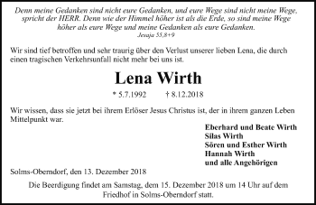 Traueranzeige von Lena Wirth von 201 WNZ - Wetzlarer Neue Zeitung (110)