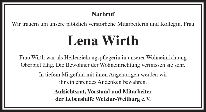  Traueranzeige für Lena Wirth vom 18.12.2018 aus 201 WNZ - Wetzlarer Neue Zeitung (110)