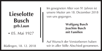 Traueranzeige von Lieselotte Busch von 561 Kreisanzeiger
