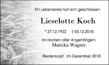 Traueranzeige von Lieselotte Koch von 205 HA - Hinterländer Anzeiger (130)