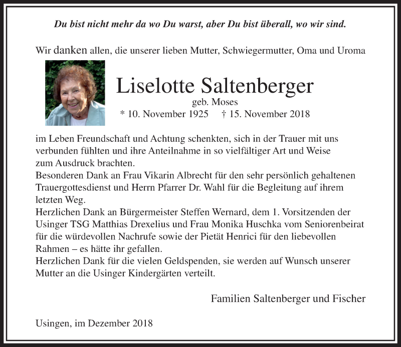  Traueranzeige für Liselotte Saltenberger vom 08.12.2018 aus 564 Usinger Anzeiger