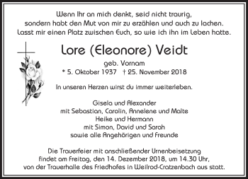 Traueranzeige von Lore Veidt von 564 Usinger Anzeiger
