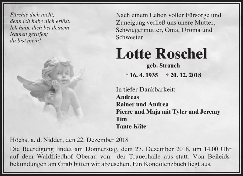  Traueranzeige für Lotte Roschel vom 22.12.2018 aus 561 Kreisanzeiger