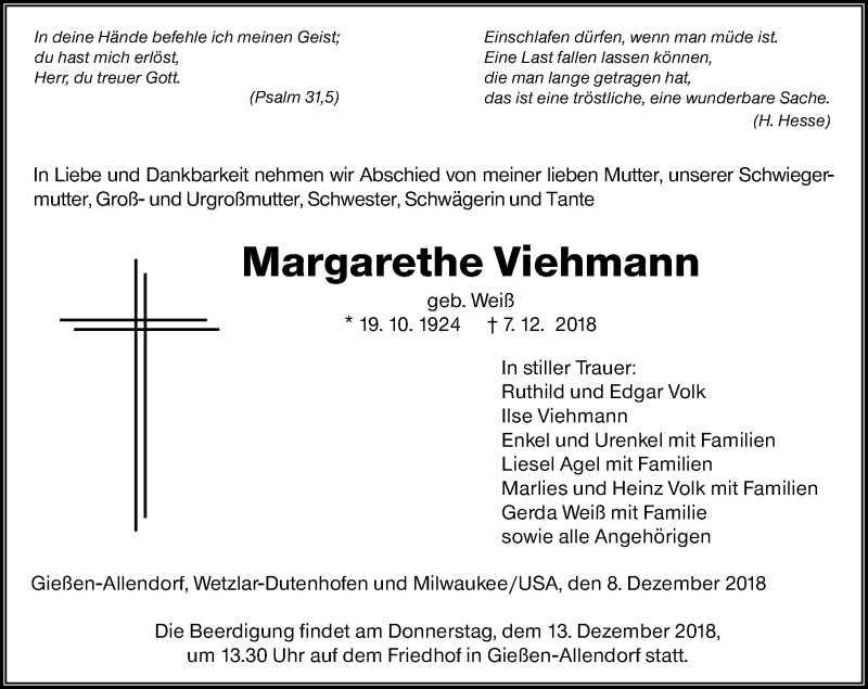  Traueranzeige für Margarete Viehmann vom 08.12.2018 aus 560 Gießener Anzeiger