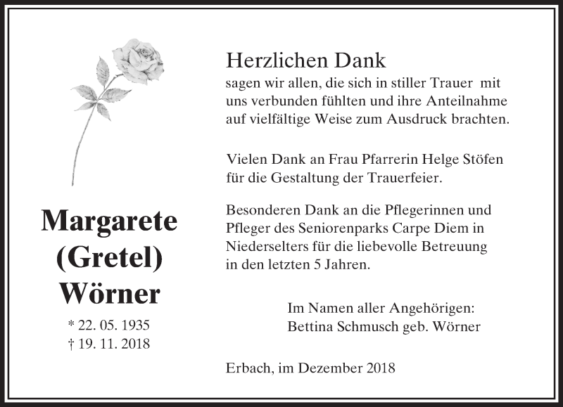  Traueranzeige für Margarete Wörner vom 13.12.2018 aus 582 Camberger Anzeiger