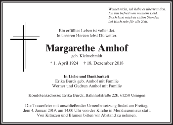 Traueranzeige von Margarethe Amhof von 564 Usinger Anzeiger
