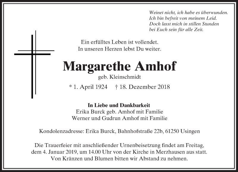  Traueranzeige für Margarethe Amhof vom 29.12.2018 aus 564 Usinger Anzeiger