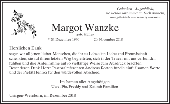 Traueranzeige von Margot Wanzke von 564 Usinger Anzeiger