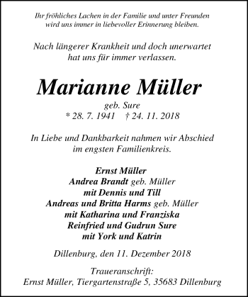Traueranzeige von Marianne Müller von  Dill Block ()