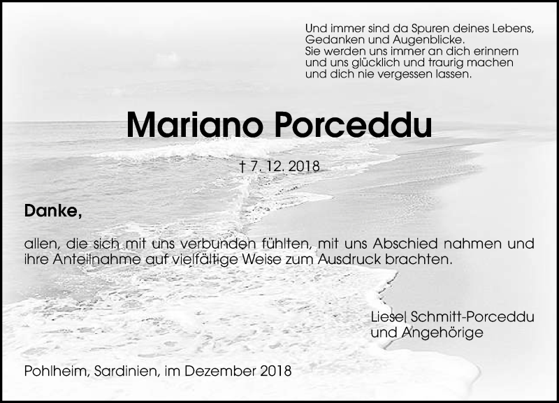  Traueranzeige für Mariano Porceddu vom 24.12.2018 aus 560 Gießener Anzeiger