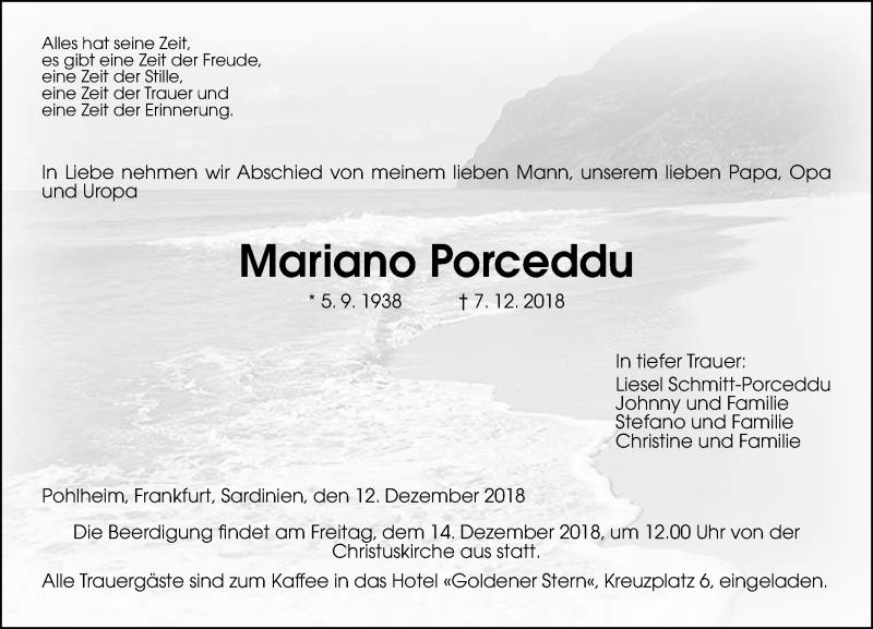 Traueranzeige für Mariano Porceddu vom 12.12.2018 aus 560 Gießener Anzeiger