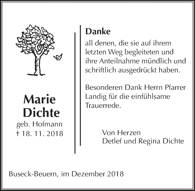  Traueranzeige für Marie Dichte vom 15.12.2018 aus 560 Gießener Anzeiger