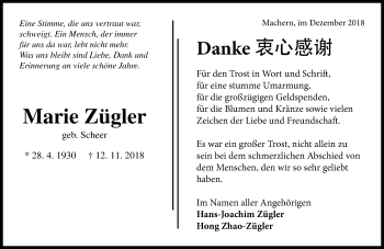 Traueranzeige von Marie Zügler von VRM Trauer