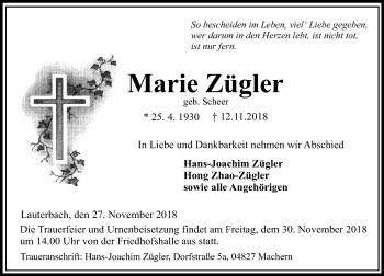 Traueranzeige von Marie Zügler von VRM Trauer