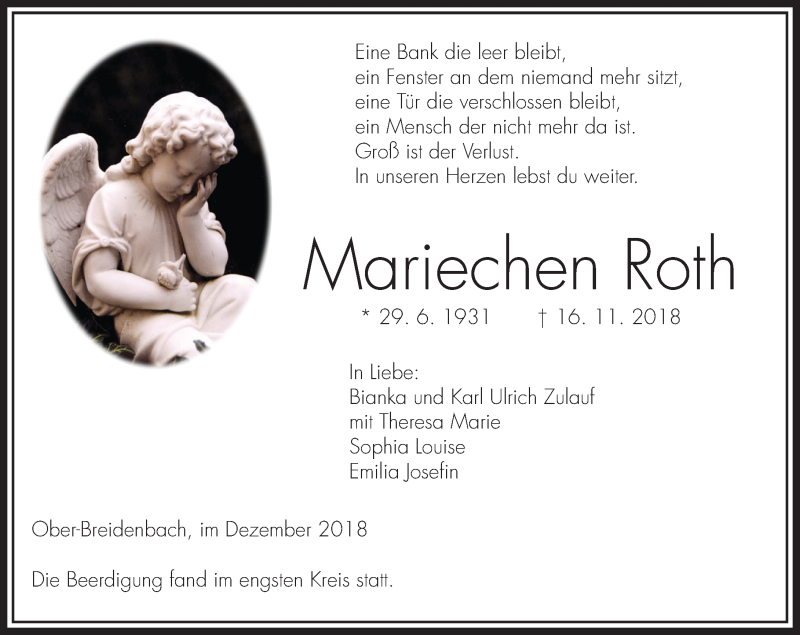  Traueranzeige für Mariechen Roth vom 15.12.2018 aus VRM Trauer