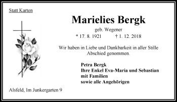 Traueranzeige von Marielies Bergk von VRM Trauer