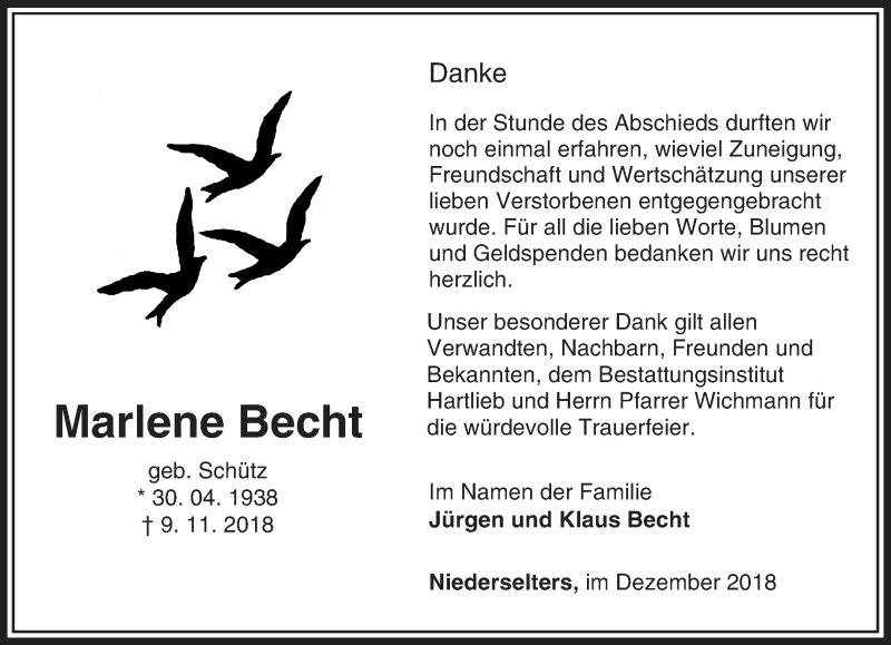  Traueranzeige für Marlene Becht vom 13.12.2018 aus 582 Camberger Anzeiger