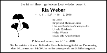 Traueranzeige von Ria Weber von 560 Gießener Anzeiger