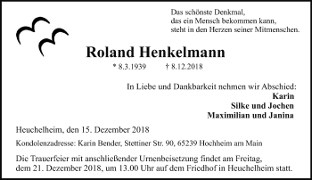 Traueranzeige von Roland Henkelmann von 560 Gießener Anzeiger