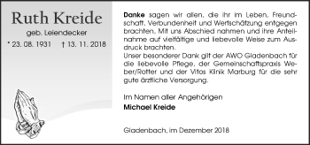 Traueranzeige von Ruth Kreide von 205 HA - Hinterländer Anzeiger (130)