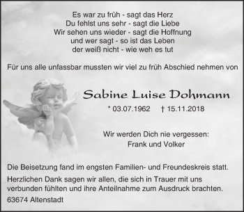 Traueranzeige von Sabine Luise Dohmann von 561 Kreisanzeiger