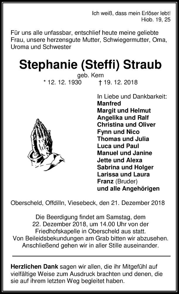  Traueranzeige für Stephanie Straub vom 21.12.2018 aus 202 Dill Block (120)
