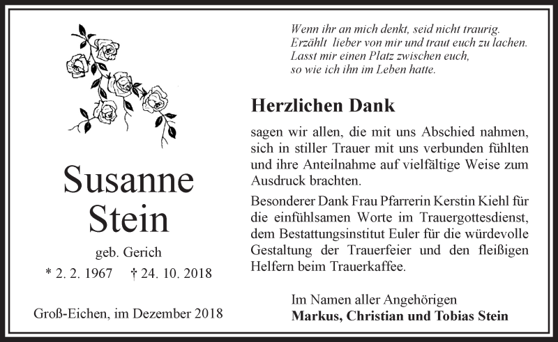  Traueranzeige für Susanne Stein vom 08.12.2018 aus VRM Trauer
