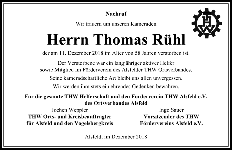  Traueranzeige für Thomas Rühl vom 15.12.2018 aus VRM Trauer