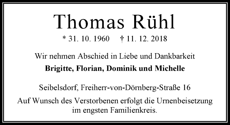  Traueranzeige für Thomas Rühl vom 15.12.2018 aus VRM Trauer